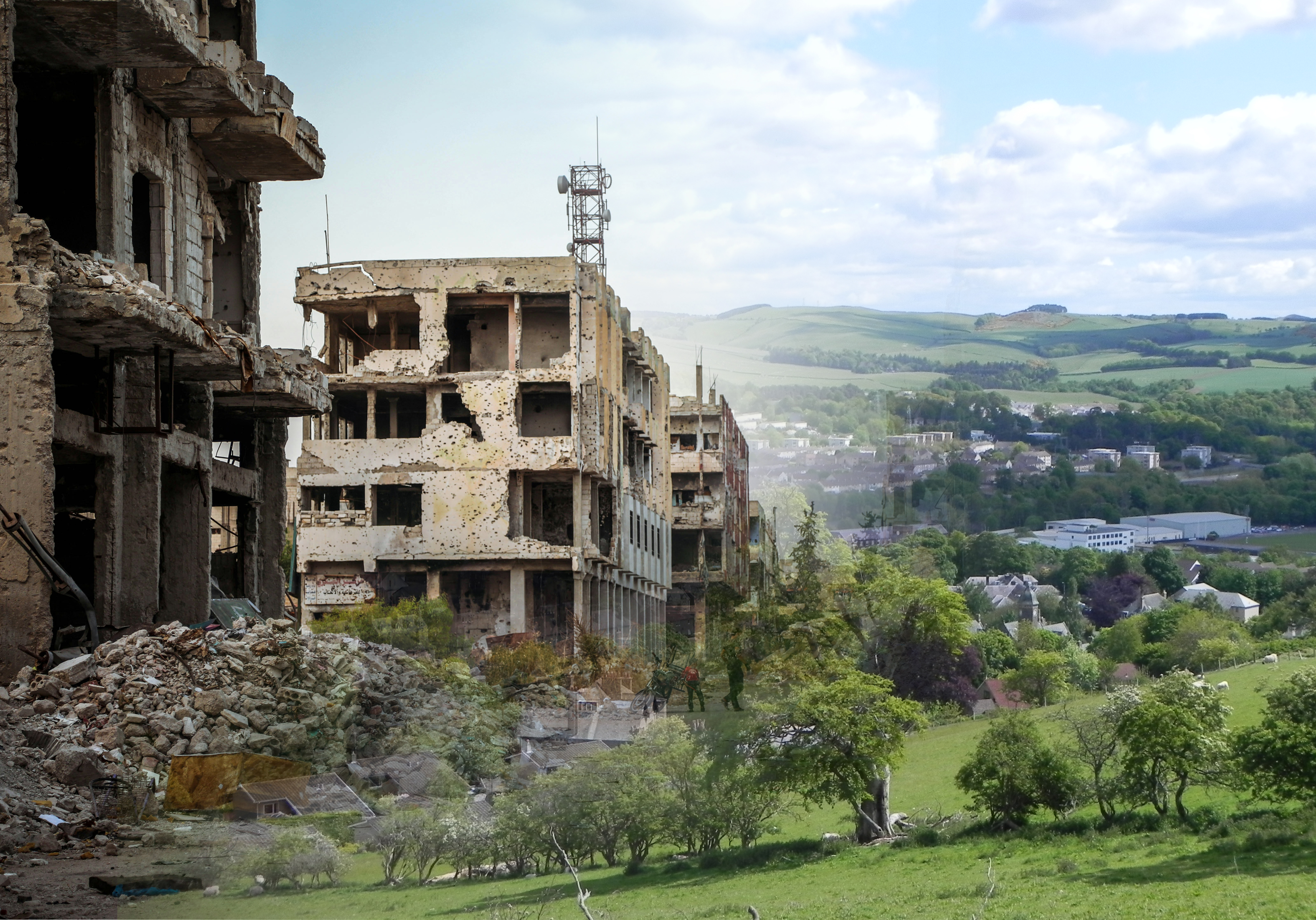 Photo of bombed out buildings overlaying rural landscape